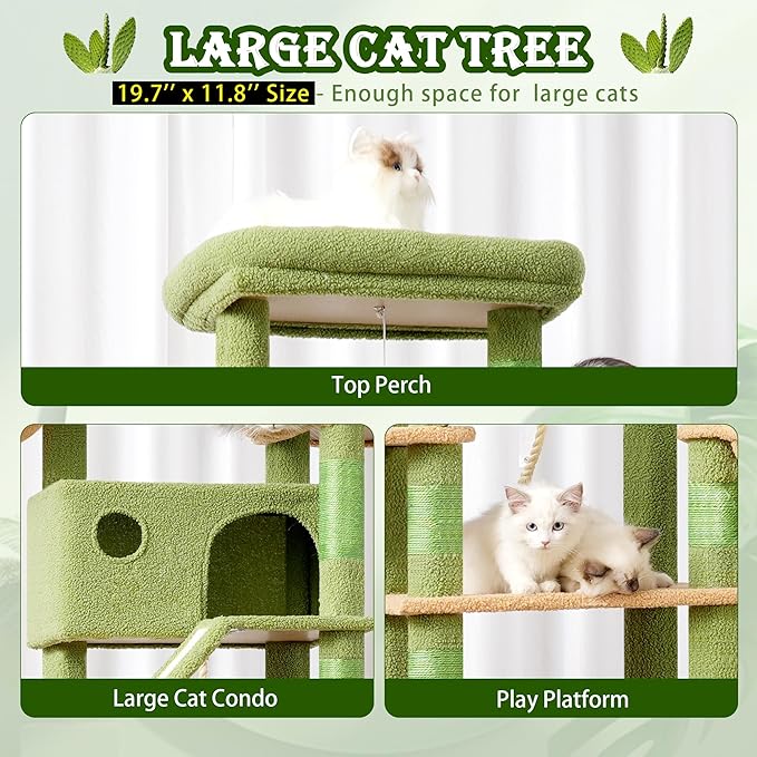Cactus Cat Tree for Large Cats, 78.7"(200cm) Tall Cat Tower for Indoor Cats Multiple Cats with Large Top Perch, Cat Condo, Cat Hammcok, Cat Scratching Post,Green and Yellow GCT031GY