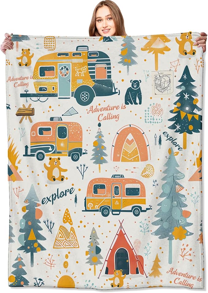 Adventure Camping Blanket Outdoor Camper Picnic Throw Blankets Gifts for Girls Adults Lightweight Soft Fleece Cozy for Sofa Couch Bed Room Travel Birthday Party Decor 60x80in