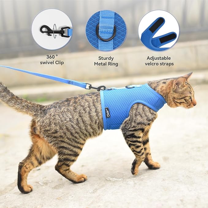 Cat Harness and Leash for Walking Escape Proof Breathable Mesh Fabric, Solid Blue, Large, Adjustable Cat Walking Jackets, Padded Stylish Cat Vest
