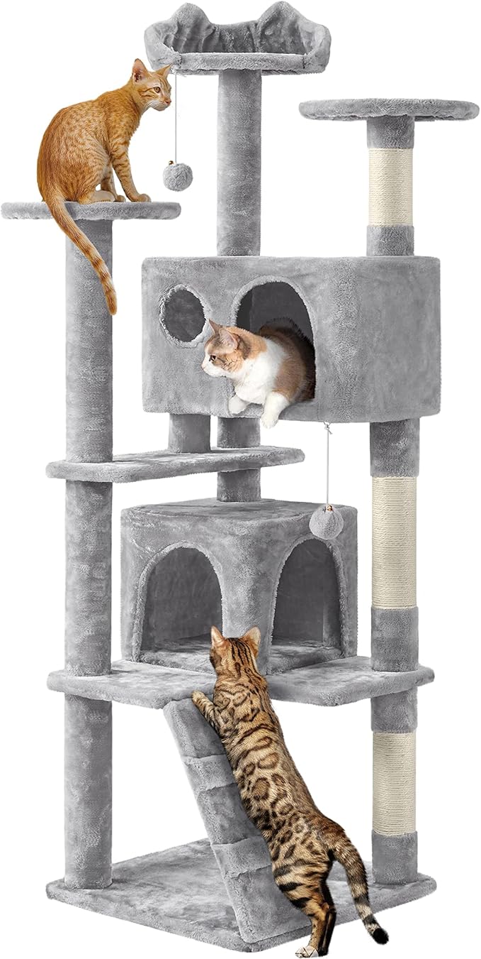 Yaheetech 62in Cat Tree Cat Tower for Indoor Cats, Cat Furniture w/Double Cat Condo, Scratching Posts, Multiple Platforms and Balls for Kittens & Cats, Light Gray