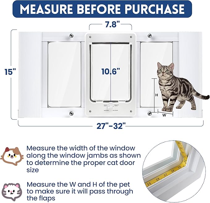 Aluminum Pet Door for Window, Width Adjustable to Fit Window Width 27"-32",Flap Size: 7.8" W X 10.6" H, Quick Install Cat Door Insert Window, Cat Door for Window with 4-Way Locking Knob, Weatherproof