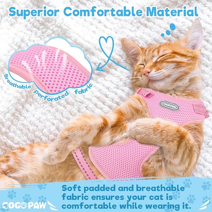 Cat Harness and Leash Set for Walking, Escape Proof Soft Vest Harness for Cats, Adjustable Reflective Kitten Harness for Small Medium Large Cats, Breathable Kitty Harness, Pink M