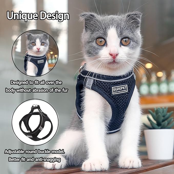 Cat Harness and Leash Set, Escape Proof Safe Adjustable Kitten Vest Harnesses for Walking, Easy Control Soft Breathable Mesh Jacket with Reflective Strips for Cats（Black Mesh，M）