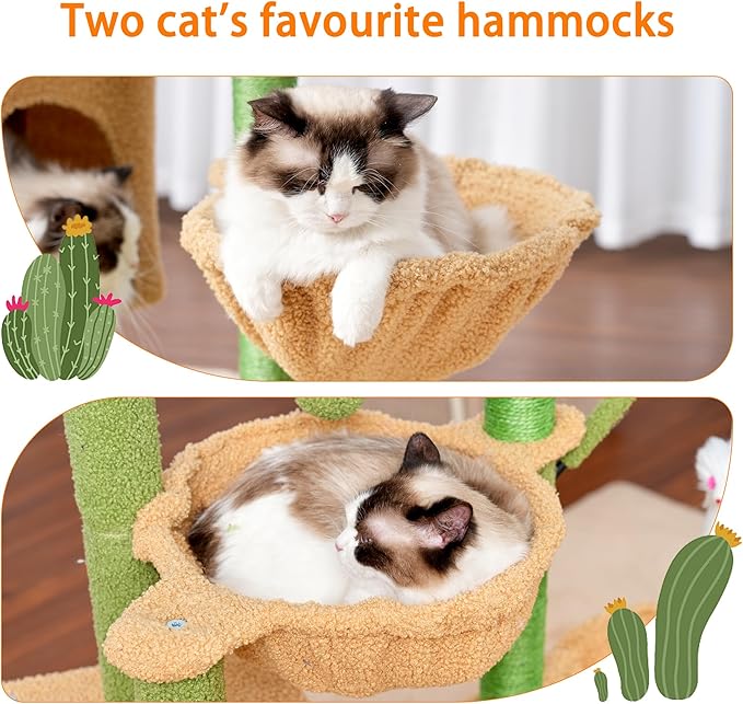 Heybly Cat Tree, 39.4 Inches Cactus Tower Condo with Scratching Post, Cat Tower for Indoor Cats, Fully Wrapped Sisal Pole, Soft Platform, 2 Baskets and Dangling Toy, Green and Yellow HCT006SGY
