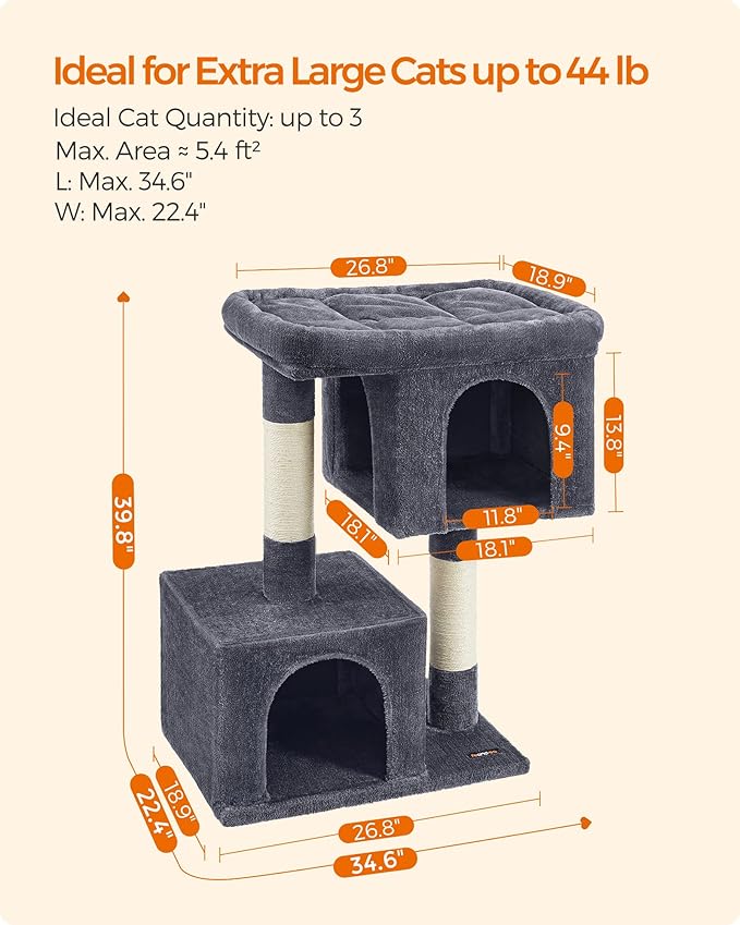 Feandrea Cat Tree, 39.8-Inch Cat Tower, XL, Cat Condo for Extra Large Cats up to 44 lb, Large Cat Perch, 2 Cat Caves, Scratching Post, Smoky Gray UPCT614G01