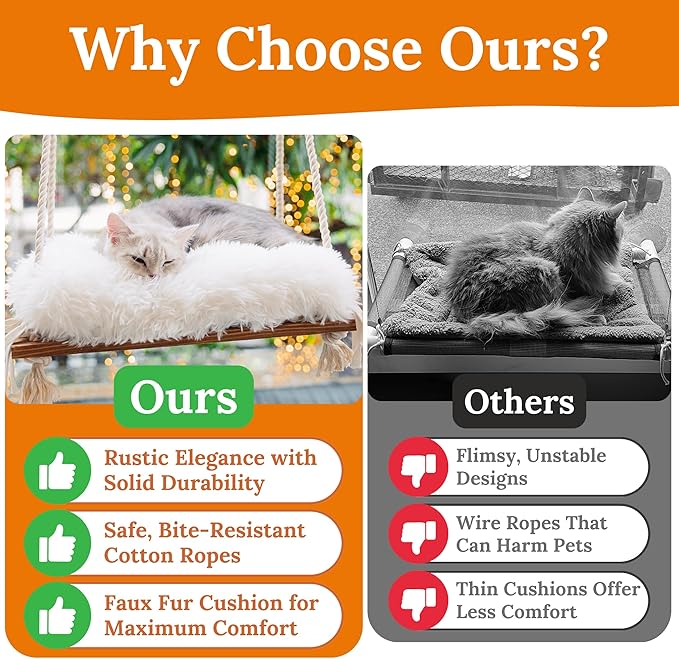 Cat Window Perch - Cat Hammock for Window - Solid Wood Seat & Strong Suction Cups - Furry Cat Window Bed & Furniture for Cats Inside - Fluffy Hanging Window Shelf for Small Medium Indoor Cats
