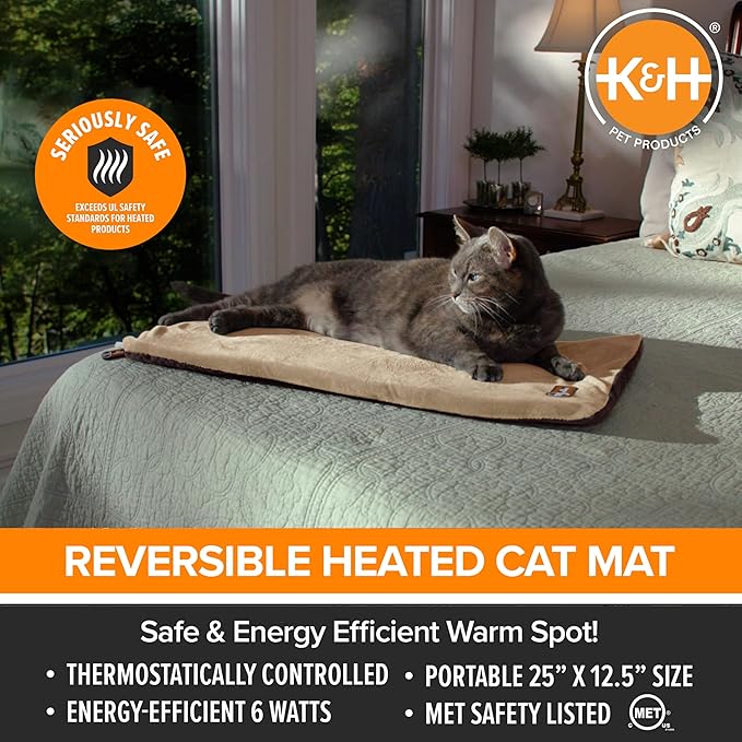 K&H Pet Products Heated Thermo-Kitty Mat, Indoor Heated Cat Bed, Pet Heat Pad for Indoor Cats and Small Dogs, Cat Heating Pad, Electric Thermal Warming Cat Bed Mat, Mocha/Tan 12.5 X 25 Inches