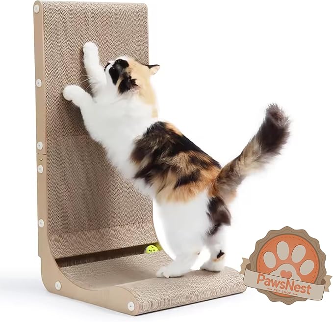 Paws NEST Cat Scratcher, 27.5 Inch L- Shaped Cat Scratch Post, Eco-Friendly for Indoor Cats, Includes Ball Toy & Premium Catnip, Non-Toxic, Easy Assembly