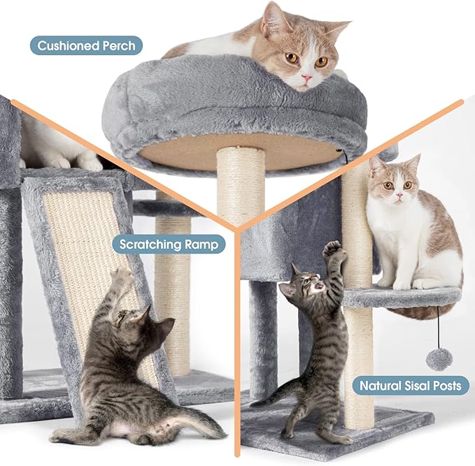 59" Large Cat Tree Tower for Indoor Cats Soft Plush Multi-Level Cat Condo House with Hammock, 2 Cat Cave, Scratching Post, Sisal Staircase, Grey
