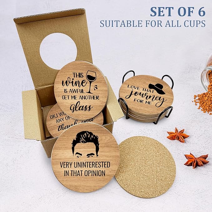 6 PCS Funny Schitts Cork Coasters for Drinks,Schitts TV Show Merchandise,Set with Coaster Holder Coffee Table Tea Table bar,Creek TV Themed Coasters Gifts for Fans