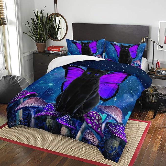 AILONEN Black Cat Comforter Set Queen Size, Butterfly Cat Bedding Set for Girls Boys,Blue Starry Moon Purple Mushroom Duvet Set 3 Pieces, 1 Quilt and 2 Pillowcases