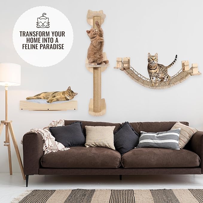 Cat Wall Shelves with Plush Perch - Easy Install - Cat Shelves for Wall Large Cats Set 3 in 1 - Perfect Furniture for cat Wall Climber - Includes Bed, Gym & Bridge