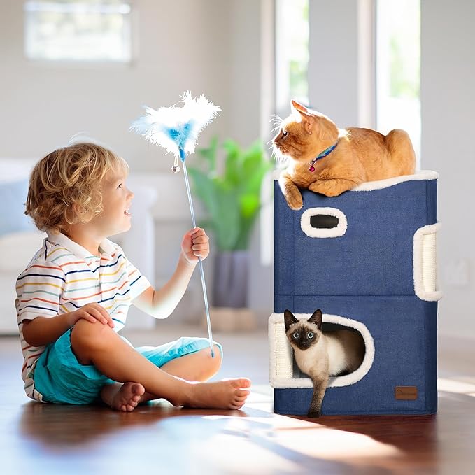 YITAHOME 2-Tier Cat House, Indoor Cat Cave Bed Playhouse, Cat Tunnels with Scratch Pad and Hideaway Cube, Cute Modern Cat Condo Furniture for Multi Small Cats, Classic (Blue)