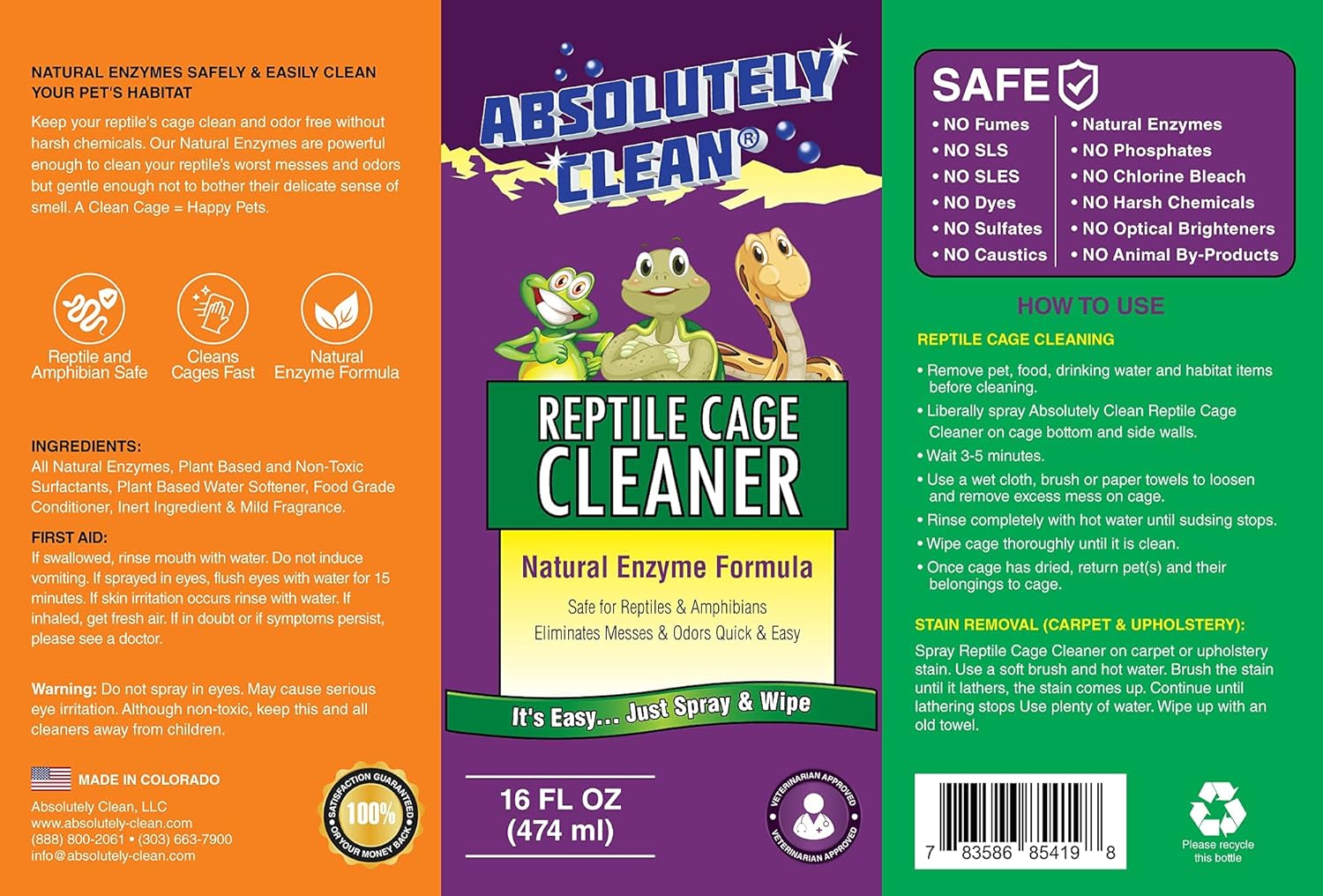 Absolutely Clean Amazing Reptile & Amphibian Terrarium Cleaner and Odor Eliminator - Just Spray/Wipe - Safely & Easily Removes Reptile & Amphibian Messes - USA Made