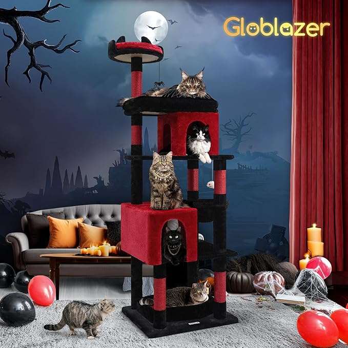S72 Heavy Duty Gothic Cat Tree, 72in Large Cat Tower with Coffin Bed, Sturdy Maine Coon Cat Tree for Large Cats 20 lbs+, Medieval Castle Style with 6 Scratching Posts & Hammock, Black & Red