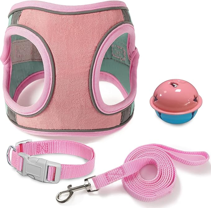 JSXD Cat Harness,Leash and Collar Set,Escape Proof Kitten Vest Harness for Walking,Easy Control Night Safe Pet Harness with Reflective Strap and Bell for Small Large Kitten,Fit for Puppy,Rabbit