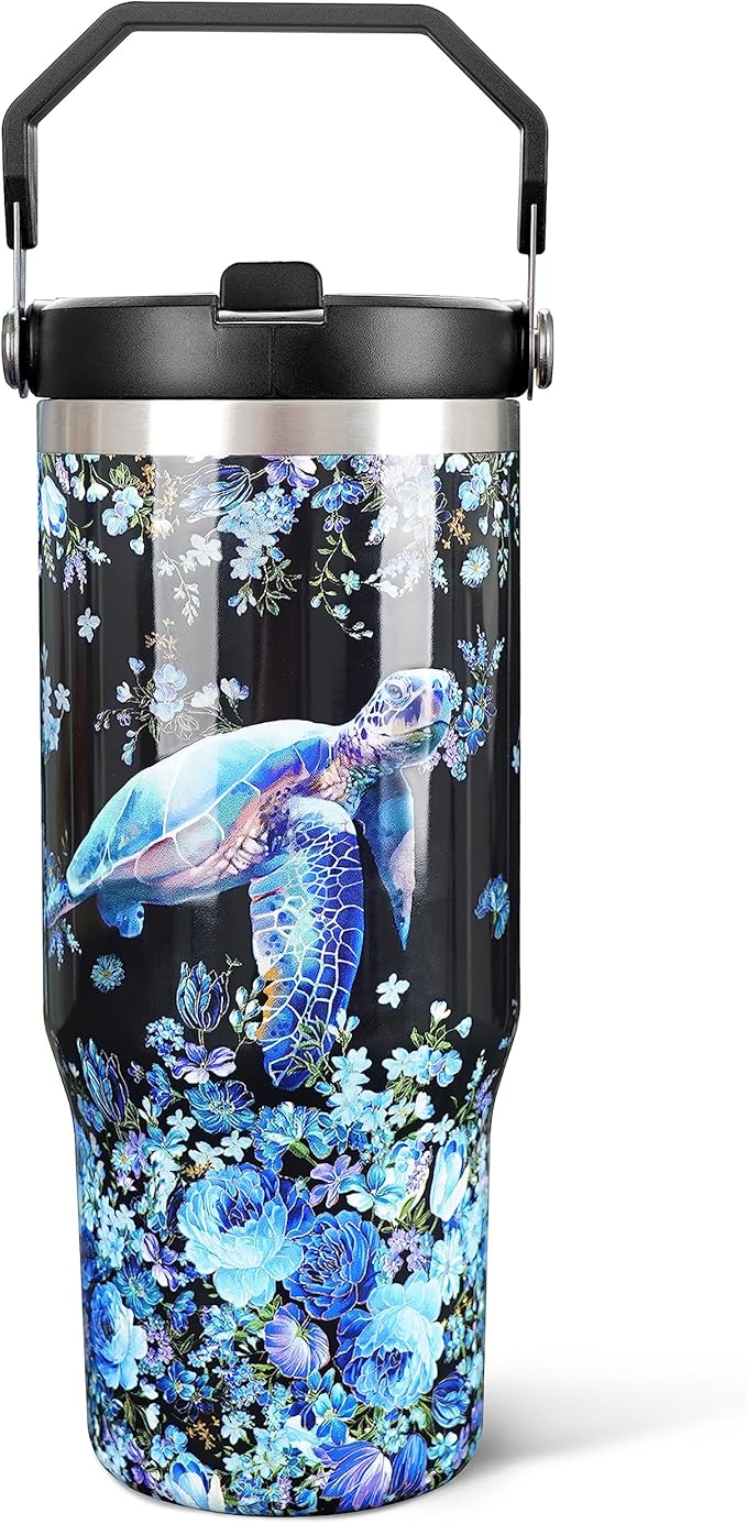 30oz Sea Turtle Gifts Tumblers for Women with Handle and Straws, Stainless Steel Vacuum Insulated Coffee Tumbler, Travel Mug Water Bottle, Sea Turtle Stuff Accessories Decor