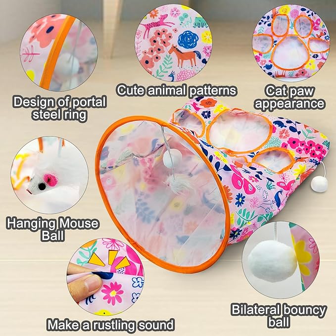 Andiker Cat Tunnel Bags for Indoor Cats, 13x17x12In Foldable Cat Crinkle Bag with 3 White Plush Balls and 1 Mouse 5 Holes for Kitten to Hide and Catch 3 Layers Cat Toy (Zoo)