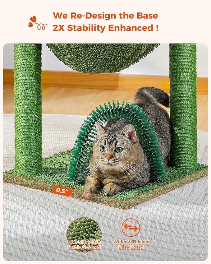 Cactus Cat Tree for Medium Cats with Arch Cat Self Groomer and Hammock, Cat Scratching Post for Indoor Kitten with Dangling Ball and Full Wrapped Natural Sisal Rope,Green