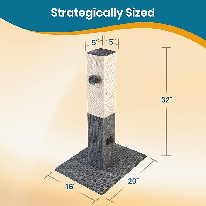PAWBEE 32" Cat Scratching Post - Tall Cat Scratching Posts for Indoor Cats - Sisal Rope Cat Scratchers - Cat Scratch Post for Small & Large Cats - Cat Post Tower with Jingle Bell Toy - Cat Scratcher