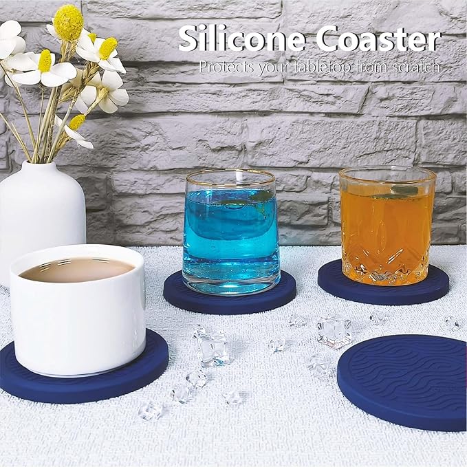 6-Pack Indigo Silicone Coasters with Deep Tray Holder - Double-Sided Drink Coasters - Beverage Mats for Hot or Cold Drinks - Thick, Non-Slip, Non-Stick Silicone with Ceramic Insert