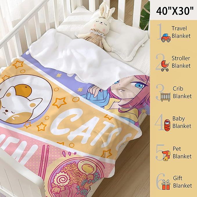Anime Blanket Gifts for Girls Kawaii Anime Decor for Women Just A Girl Who Loves Anime Cats and Ramen Flannel Blanket Anime Lover Stuff, Luxurious Warm and Cozy for S 40X50 Inch for Kids/Child