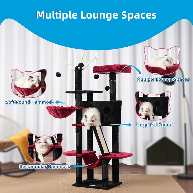 Hey-brother Gothic Cat Tree, 53 inch Cat Tower for Indoor Cats, Cat House with Padded Platform Bed, Toy Balls, Large Cozy Condo, Hammocks and Sisal Scratching Posts, Black and Red MPJ019SBR
