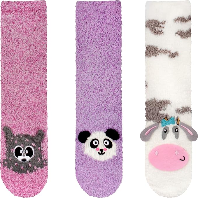 BambooMN Super Soft Warm Cute Animal Face Non-Slip Fuzzy Crew Winter Home Socks, Value Pack