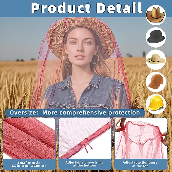2 Pack Ultra Large Mosquito Net 42x25 Inches Mosquito Head Net Oversized Insect Netting Bug Net Fits Most Hats for Gardening Hiking Fishing Traveling(Pink)