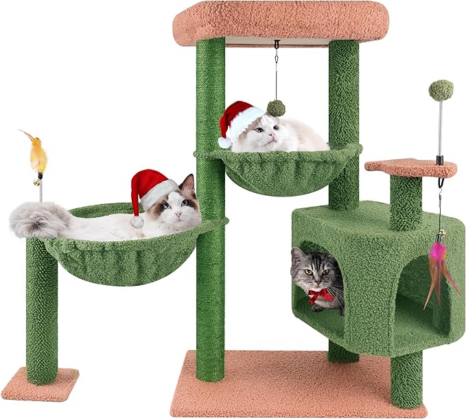 YOUPET 33.46" Cactus Cat Tree Tower with Cat Condo and Scratching Post for Indoor Cats, Activity Center Cat Furniture with Two Big Hammock and Spring Toy Balls, Green