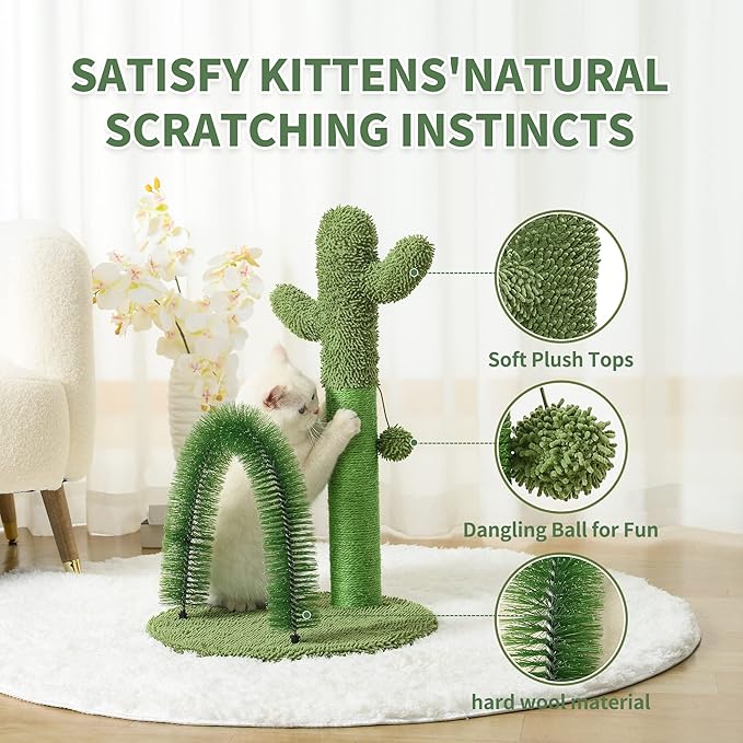 Mile High Life | Cat Scratching Post 25" with Dangling Bell | Cat Condo with Hammock and Cactus Scratching Posts Tree for Kittens | Tall Cat Climbing Stand with Premium Natural Sisal Material