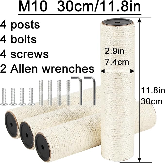 4 Pcs 2.9in 7.4cm Diameter Cat Tree Scratching Post Replacement Sisal Pole (M10, 11.8in/30cm)