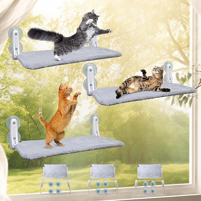 L&W BROS. 3PC Foldable Cat Window Perch Cat Hammock with 4 Suction Cups Easy to Assemble 23.6"x 11.2" Cat Window Bed for Large Heavy Cats Indoor(L 3Pc)