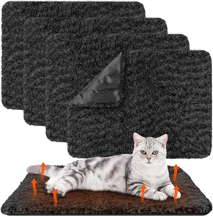 4 Pack Self Warming Cat Pads Self Heating Cat Mat Thermal Pads for Small Dogs Washable Pet Kennel Pad Crate Bed Mat with Removable Covers for Indoor Outdoor Pet(Black,16 x 20 Inch)