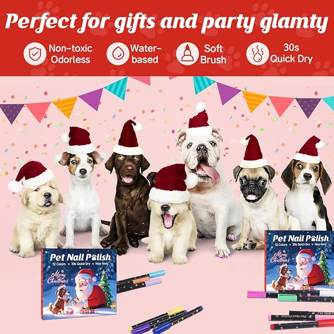 2 Set of Cherocito 12 Colors Dog Nail Polish Pens Quick Dry,Christmas Special Packaging,Safe Dog Nail Polish Set to DIY Pretty Nails, Ideal Gifts for Dogs Cats Light Dark Nails,Non-Toxic,Water-Based