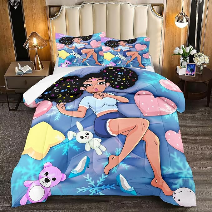 African American Black Comforter Set, Queen Bed Bedding Sets Cute Teenage Bedding Blue Girl with Love Prints Soft Microfiber 3 Piece Queen Size Quilt Set, 1 Comforter + 2 Pillowcases