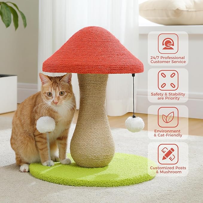 PETEPELA Mushroom Cat Scratching Post, Cat Scratcher Cute with 100% Sisal Covered Scratching Post & Pompoms Cat Toy, Mushroom Cat Post for Indoor Cats