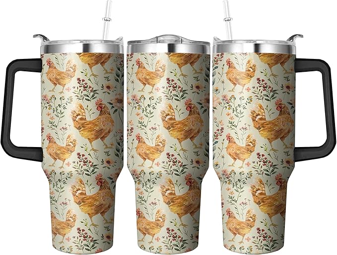 40 Oz Chicken Tumbler with Handle and Straw, Double Wall Stainless Steel Mug, Insulated Rooster Cup Gifts for Chicken Lovers, Travel Mug
