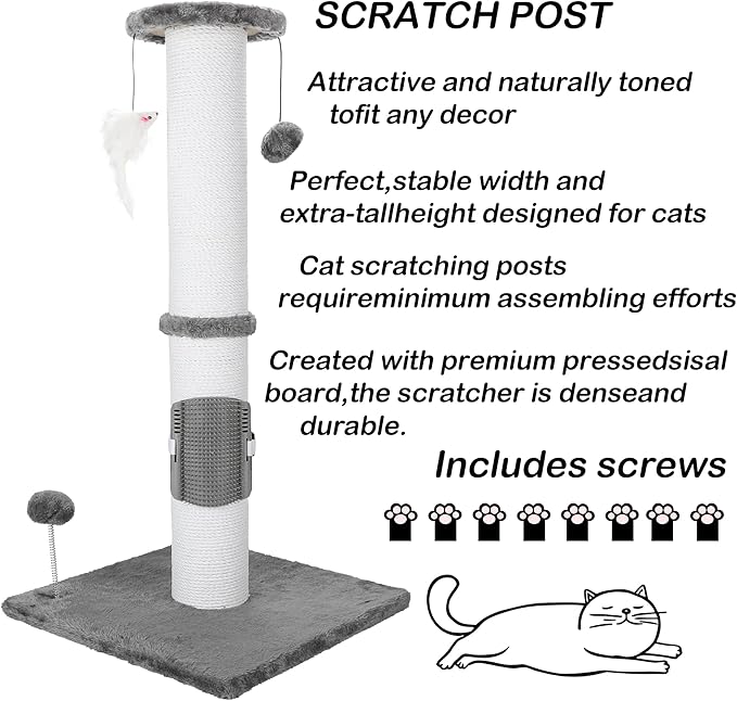 34 Inches Cat Scratching Post Heavy Duty and Thicker Cat Self Grooming with Hanging Toys and Sturdy Handmade Rope, Grey