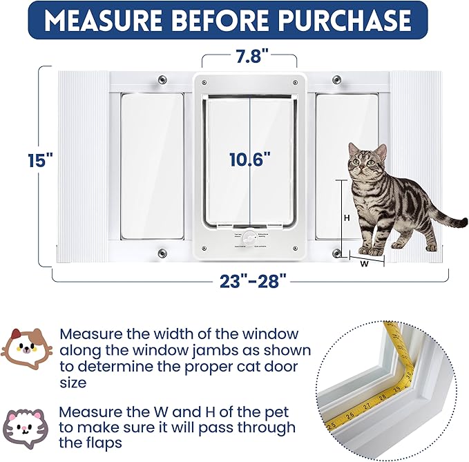 Aluminum Pet Door for Window, Width Adjustable to Fit Window Width 23"-28",Flap Size: 7.8" W X 10.6" H, Quick Install Cat Door Insert Window, Cat Door for Window with 4-Way Locking Knob, Weatherproof