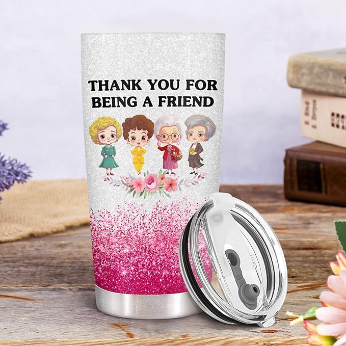 34HD Golden Tumbler 20oz – Thank You for Being a Friend – Double Wall Vacuum Insulated Stainless Steel Cup – Keeps Drinks Hot or Cold – Glitter Travel Mug Gift for Women & Friends