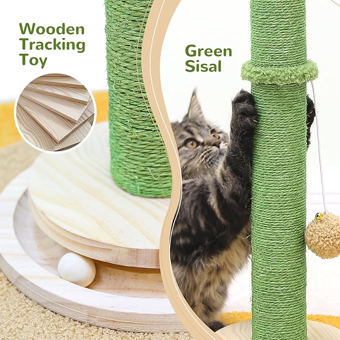 SC30 Tall Scratching Post for Cats, 30in Cactus Cat Scratching Post Cat Scratcher Cute Sisal Large Cat Scratching Post with Modern Wooden Ball Tracking Interactive Toys
