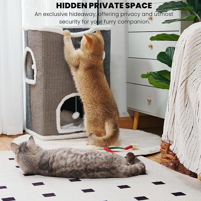 3-Level Cat House for Indoor Cats, Large Adult Cat Cave Bed Cats Cube House with Scratch Pad Cat Towers, Cute Kitten Condo Hideaway Hut with Soft Pillow Mat for Multi Pets Under 50 lbs