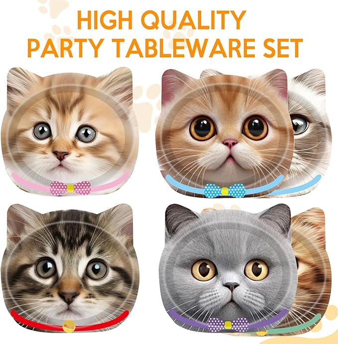 48 PCS Cat Birthday Party Decorations Cat Birthday Paper Plates Cat Theme Disposable Pet Party Plates for Kids Baby Shower Cat Party Supplies Serves 48