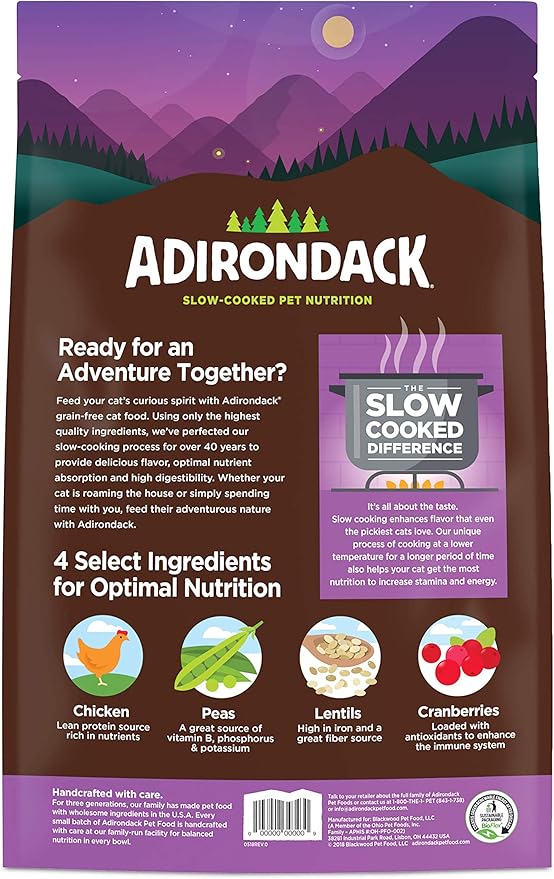Adirondack Cat Food Made in USA [Limited Ingredient Grain Free Cat Food], Indoor Cat Food Dry, Chicken and Chicken Meal Recipe, 11 lb. Bag