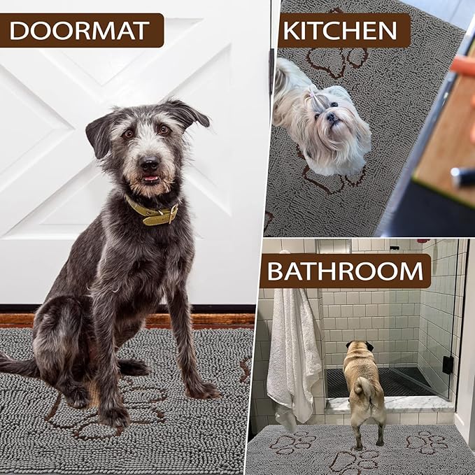 EXPAWLORER Dog Door Mat for Muddy Paws - Highly Absorbent Microfiber Dog Rug, Soft Chenille Dog Runner Rug Indoor Outdoor Floor, Non-Slip Large Pet Paw Cleaning Washable Mud Mat for Bathroom, Grey