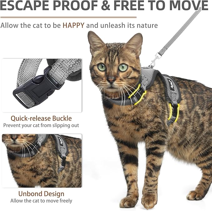 PUPTECK Cat Harness and Leash Set Escape Proof, Reflective Adjustable Soft Mesh Kitten Vest Harness for Walking Travel, Grey, S