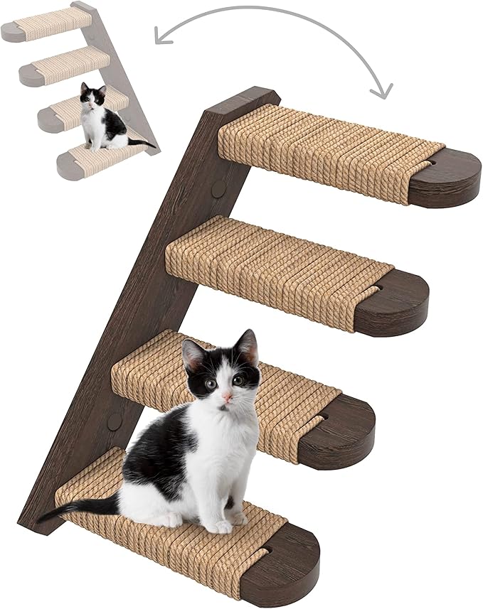 Skywin Cat Steps - Solid Rubber Wood Cat Stairs Great for Scratching and Climbing - Easy to Install Wall Mounted Cat Shelves for Playful Cats (Brown)