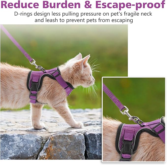 Dooradar Cat Harness and Leash Set, Escape Proof Safe Adjustable Kitten Vest Harnesses for Walking, Easy Control Soft Breathable Mesh Jacket with Reflective Strips for Cats, Purple, S