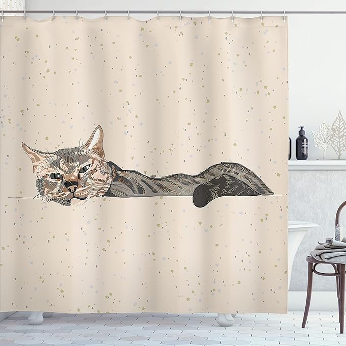 Ambesonne Cat Shower Curtain, Lazy Sleepy Cat in Earth Tones Furry Mascot Indoor Pet Art Illustration, Cloth Fabric Bathroom Decor Set with Hooks, 69" W x 70" L, Grey Beige